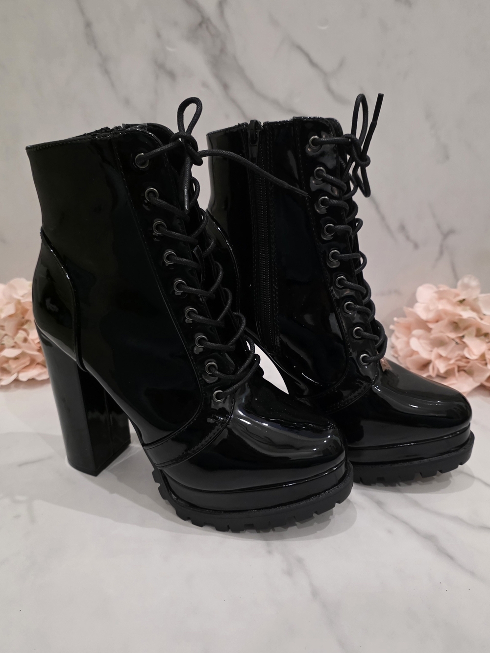 Fashion Nova - Black Patent Lace-Up Platform Ankle Boots